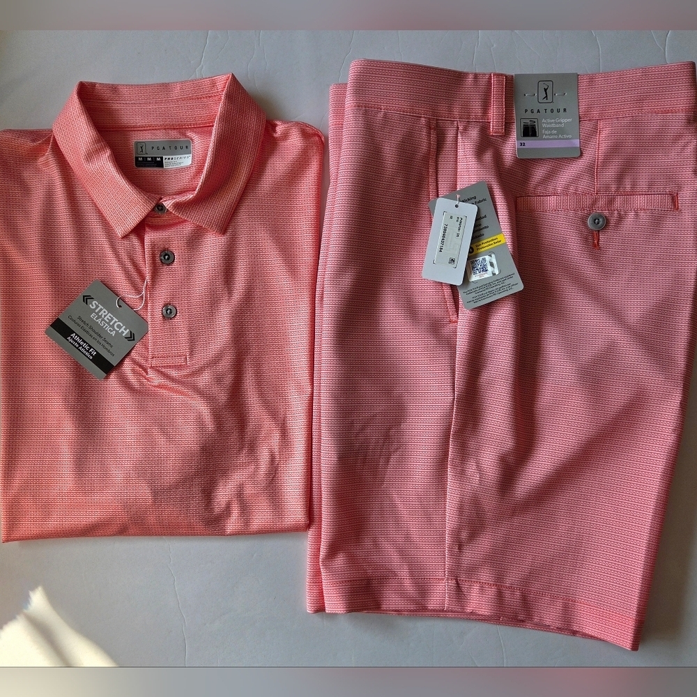 PGA Tour UPF 50 Pink Polo Shirt (M) & Shorts(32) Bundle